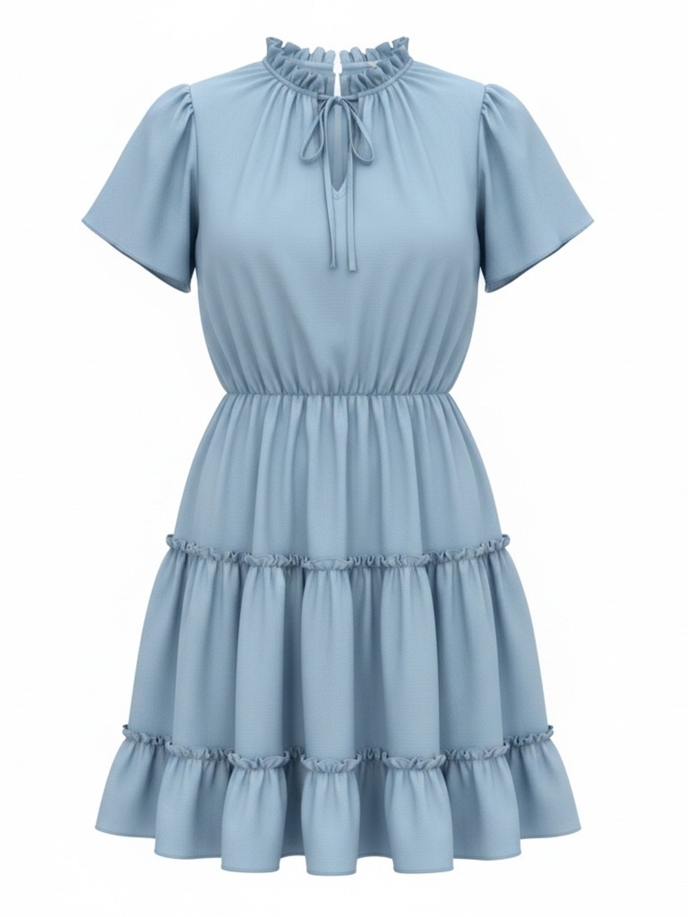 SPANX Light Blue Ruffled Tie-Neck Tiered Mini Dress